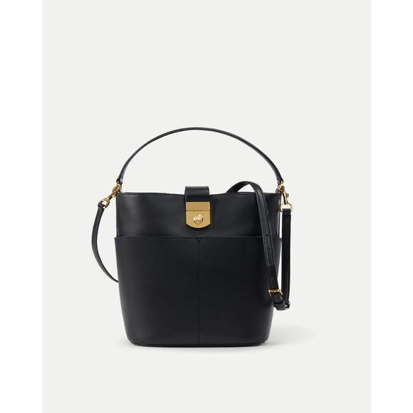 NWT Veronica Beard Small Crest Lock Black Leather Bucket Bag